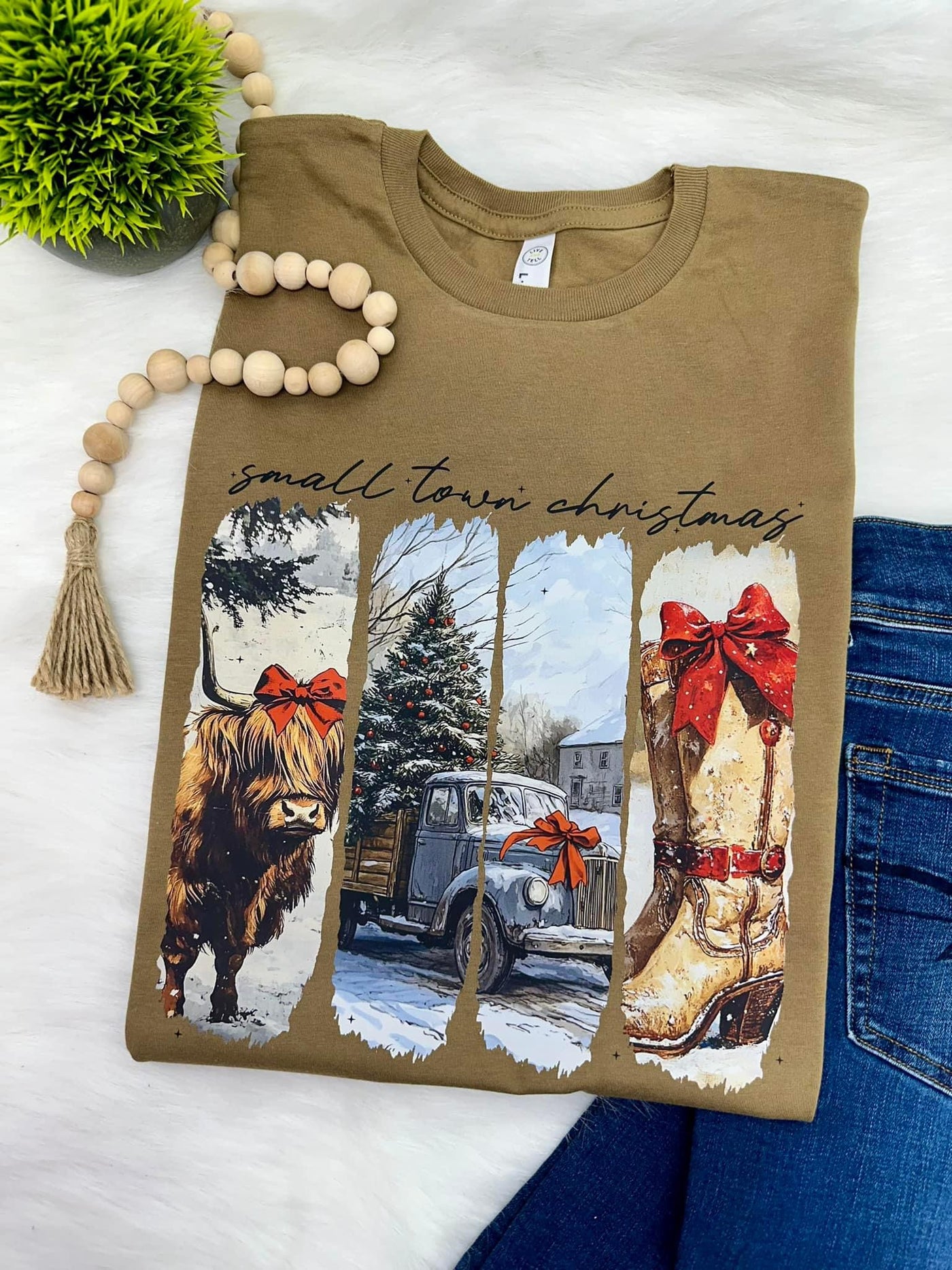 Small Town Highland Cow Christmas Tee