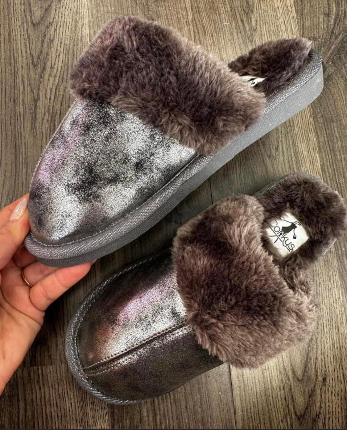 Silver shimmer fluffy slippers